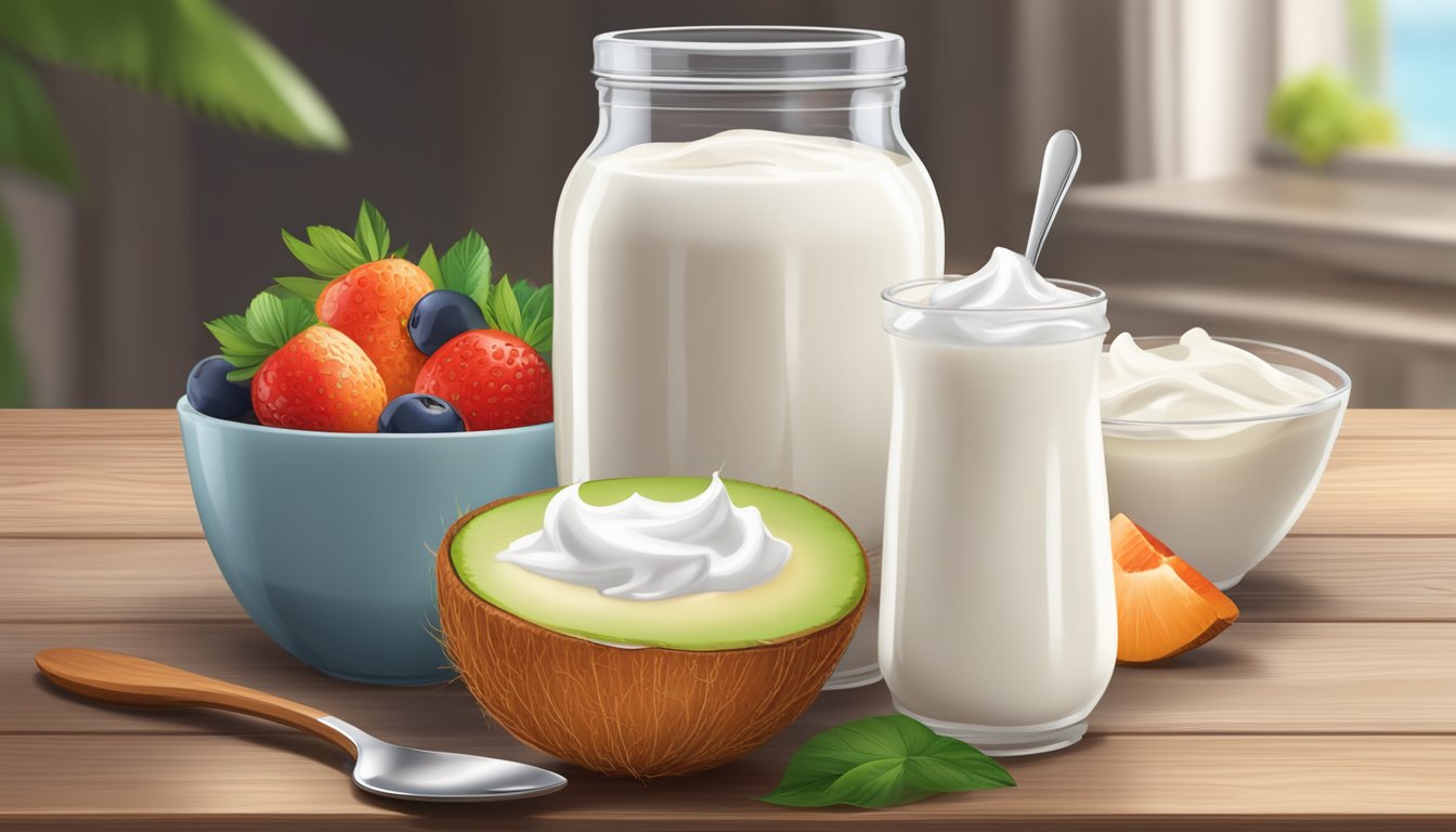 A glass jar filled with creamy coconut yogurt sits on a wooden table next to a spoon and a bowl of fresh fruit