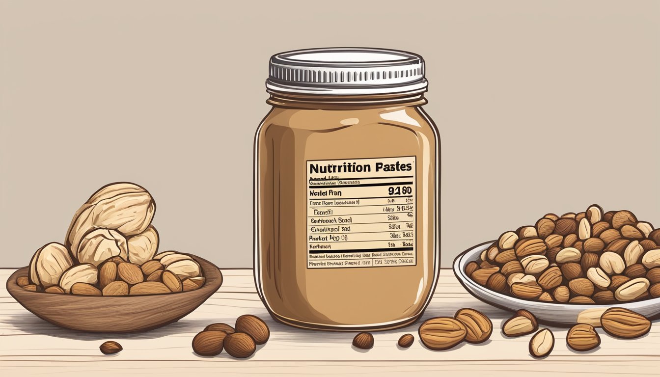 A jar of peanut butter surrounded by a variety of nuts and seeds, with a nutrition label displayed prominently