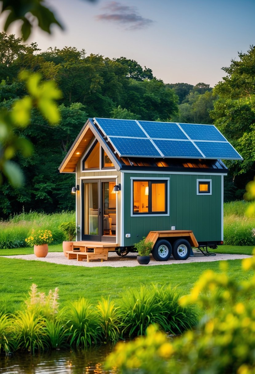 A cozy off-the-grid tiny house nestled in a lush, green landscape, complete with solar panels, rainwater collection system, and a flourishing garden