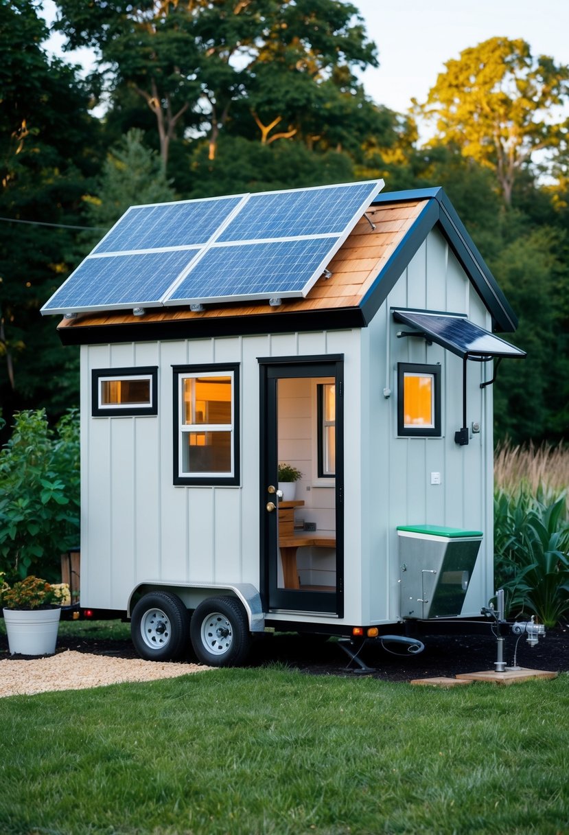 The off-the-grid tiny house has solar panels, a wind turbine, rainwater collection system, composting toilet, and a vegetable garden