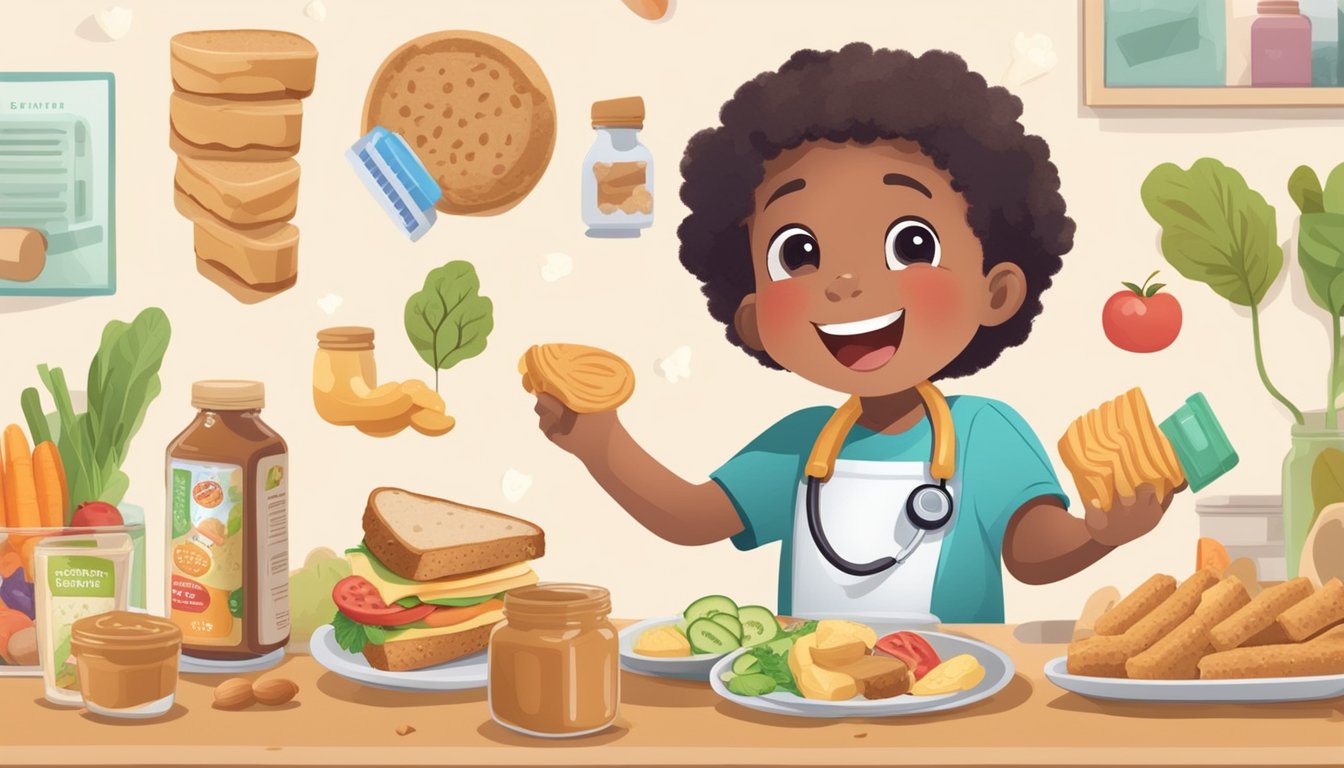 A child happily eating a peanut butter sandwich, surrounded by images of healthy foods and a doctor's approval stamp