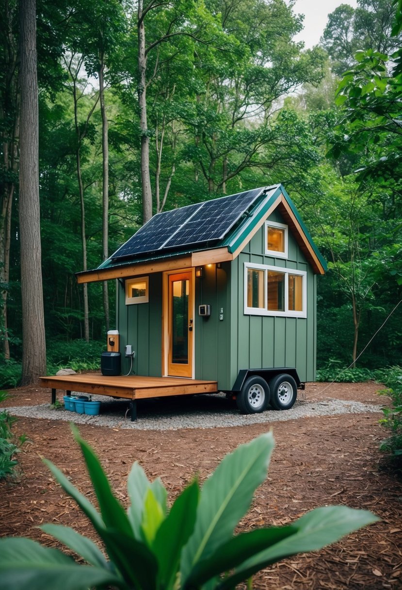 A cozy, solar-powered tiny house nestled in a lush forest, complete with rainwater collection system and sustainable materials