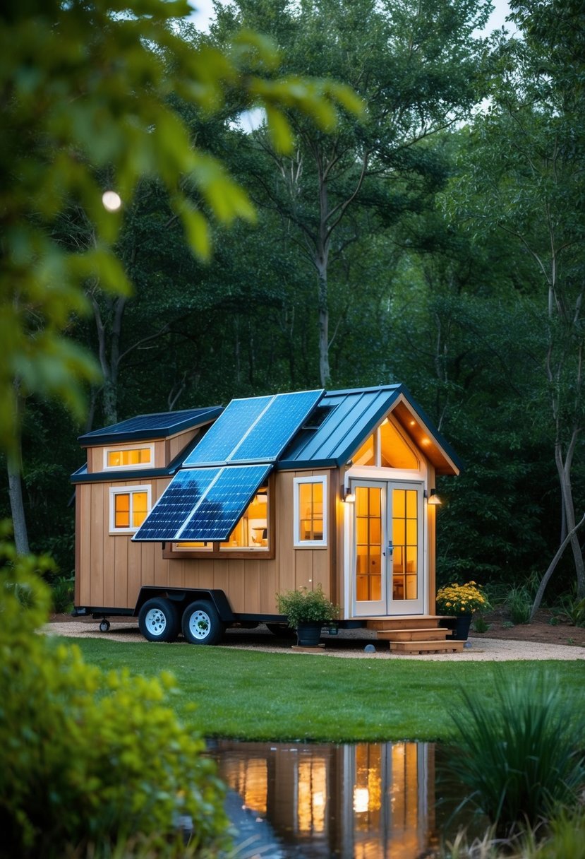 A cozy off-the-grid tiny house nestled in a serene natural setting, complete with solar panels, rainwater collection system, and a lush garden surrounding the exterior