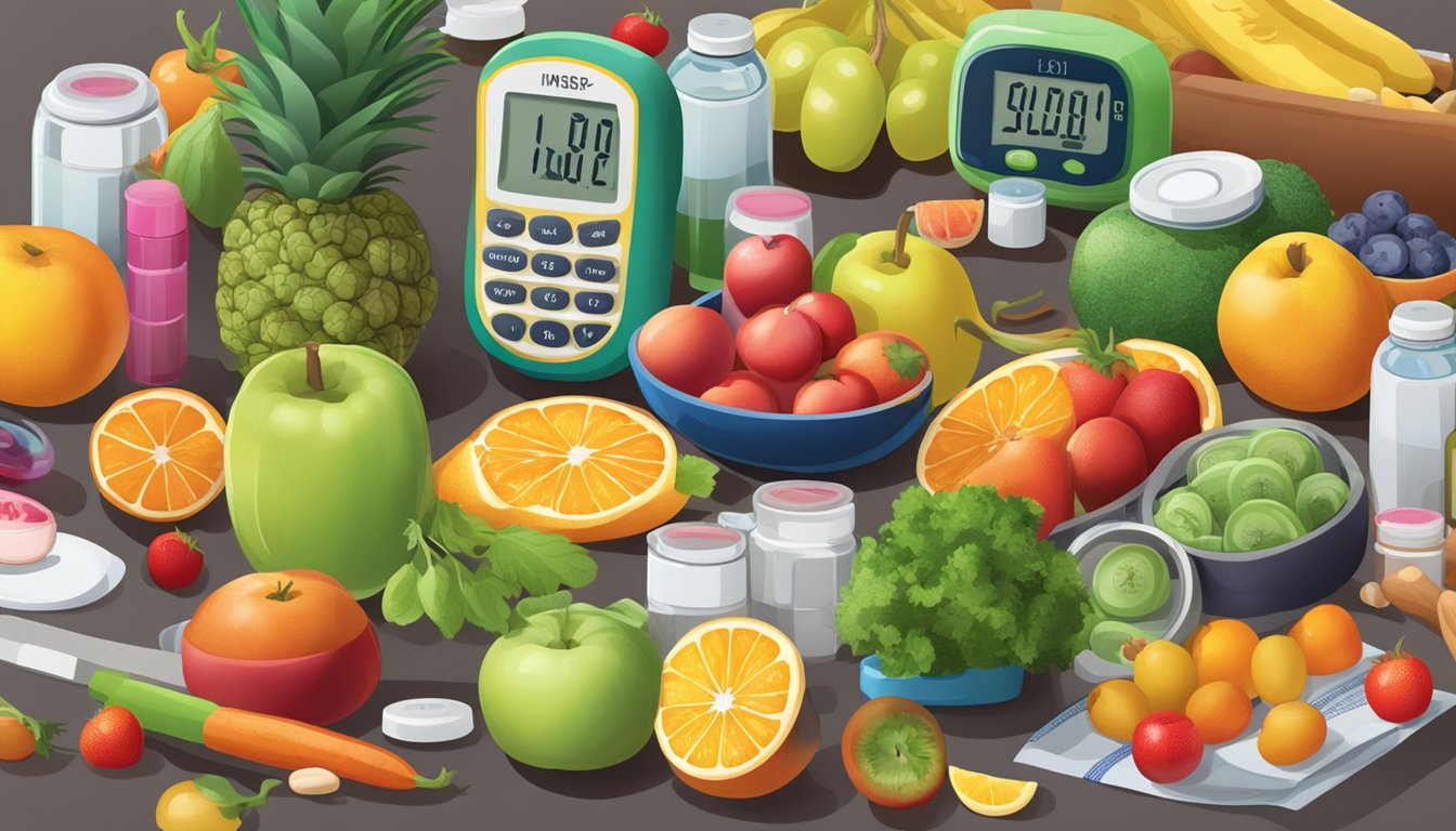 A table with a variety of colorful fruits, vegetables, and pill bottles, surrounded by a measuring tape and a blood sugar monitor