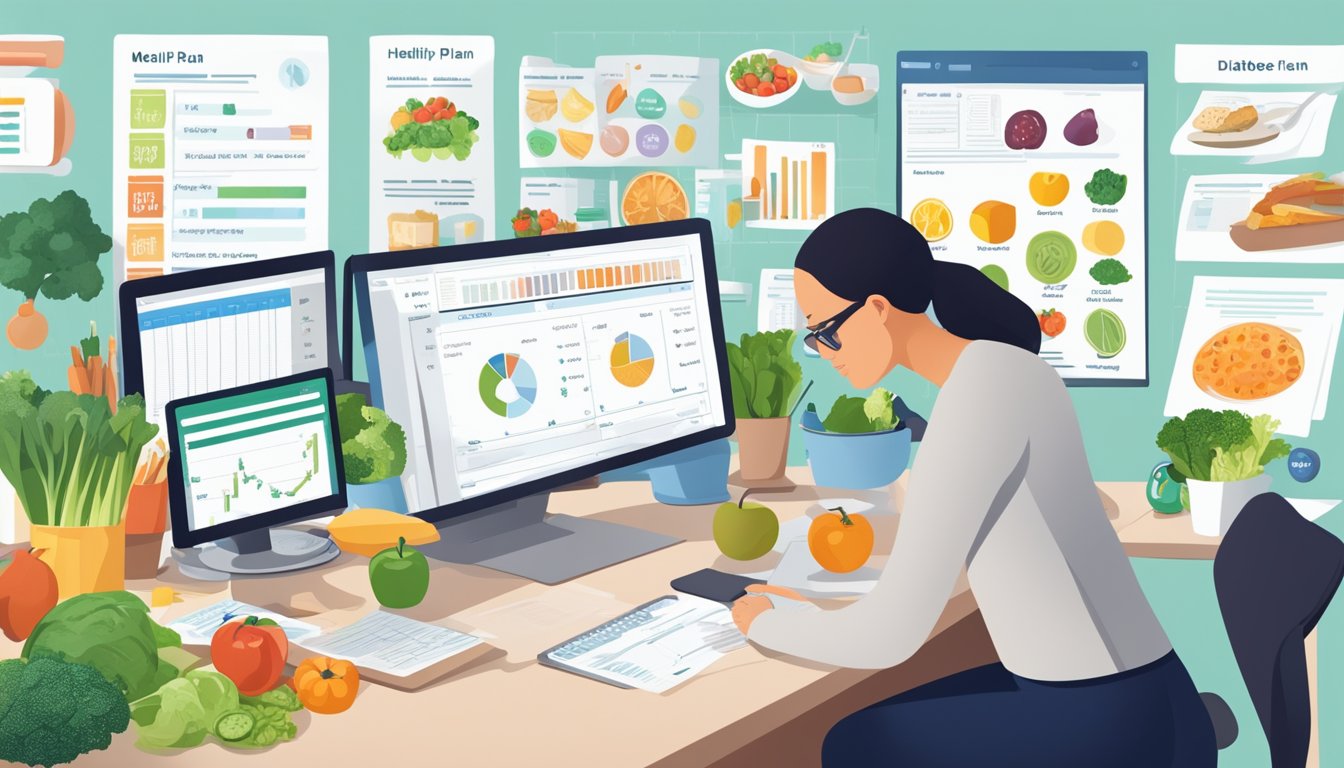 A dietitian sits at a desk, surrounded by charts, graphs, and healthy food options. A computer screen displays a detailed meal plan for managing diabetes