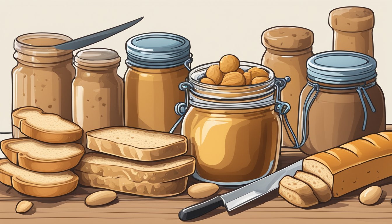 A jar of peanut butter surrounded by various types of bread and a child-friendly knife for spreading