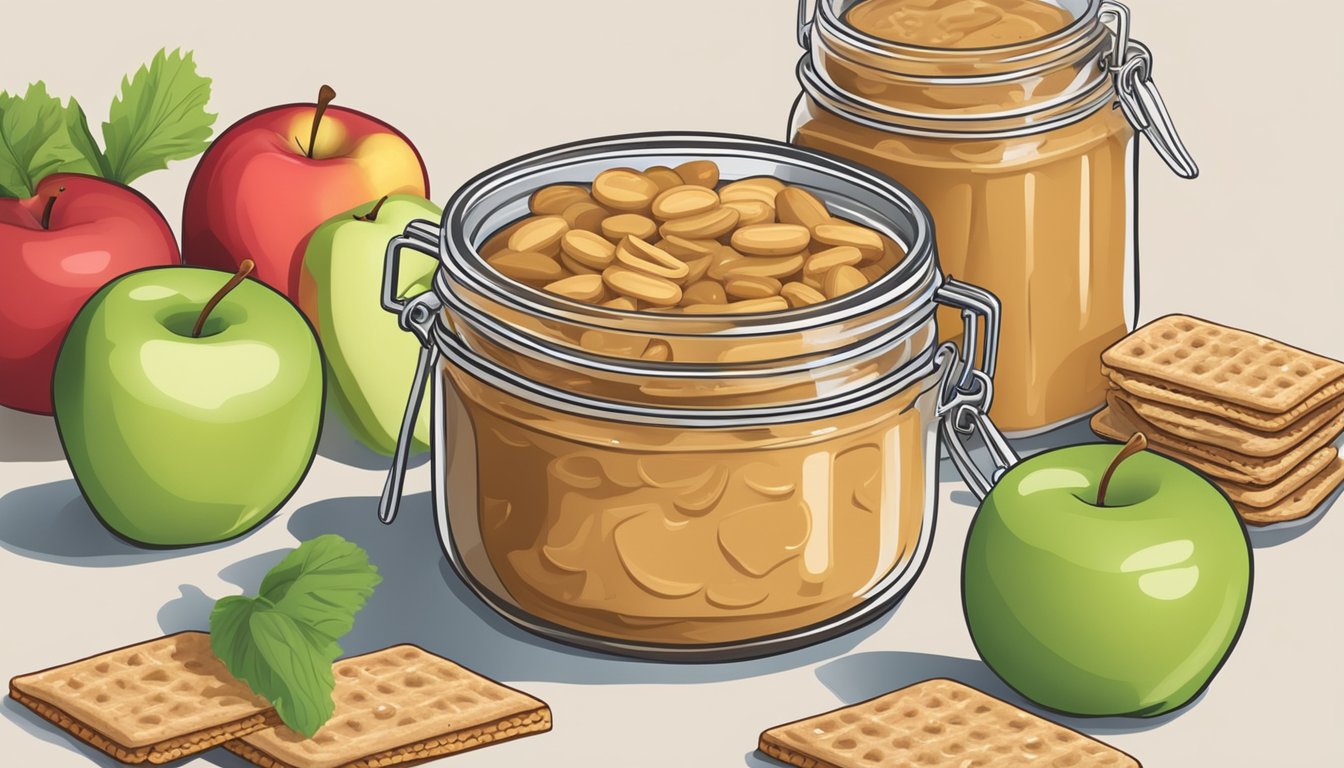 A jar of peanut butter surrounded by a variety of healthy snacks like apples, celery, and whole grain crackers