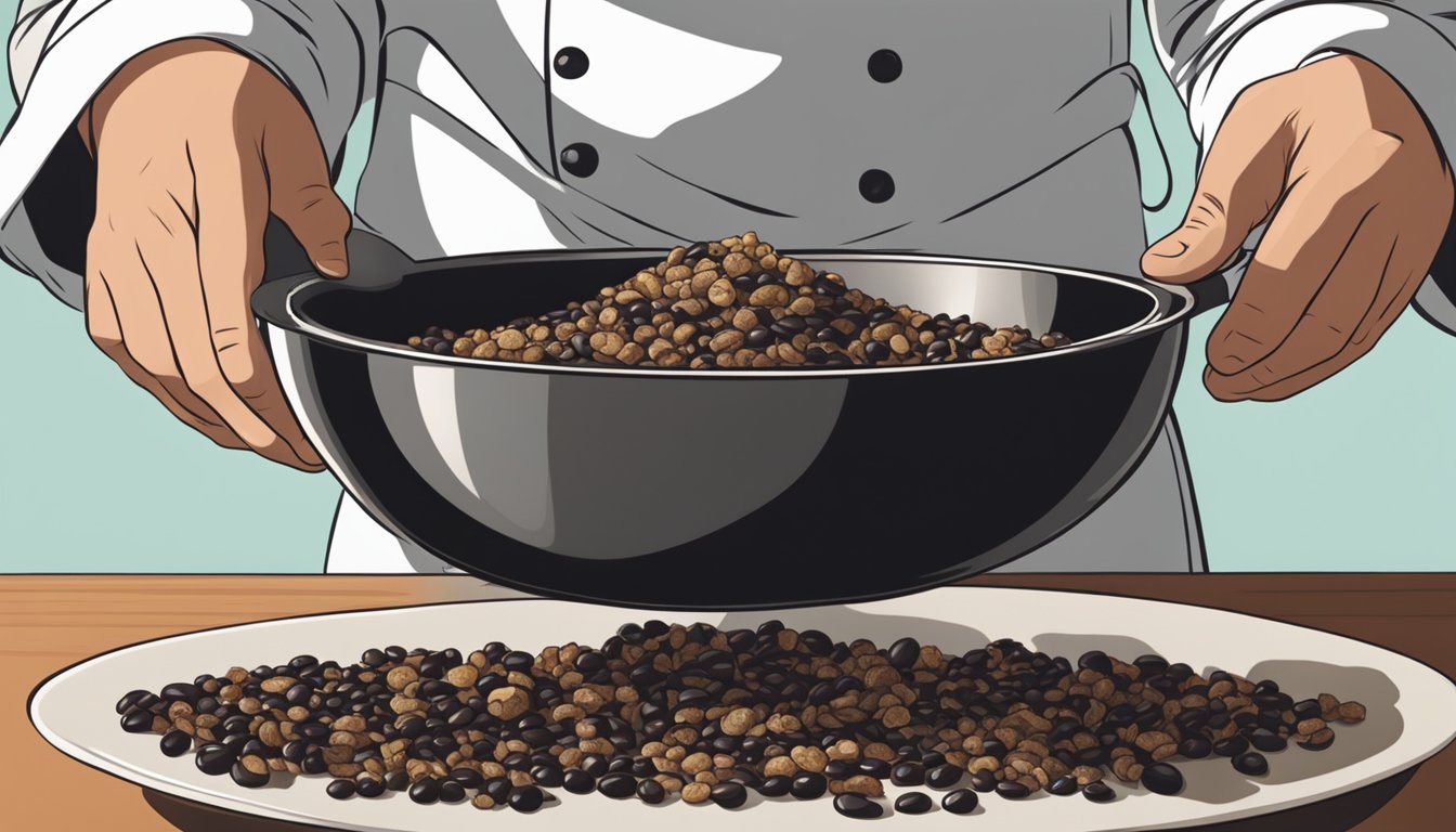 A chef mixing mushrooms, black beans, and seasonings in a large bowl, forming them into patties with their hands