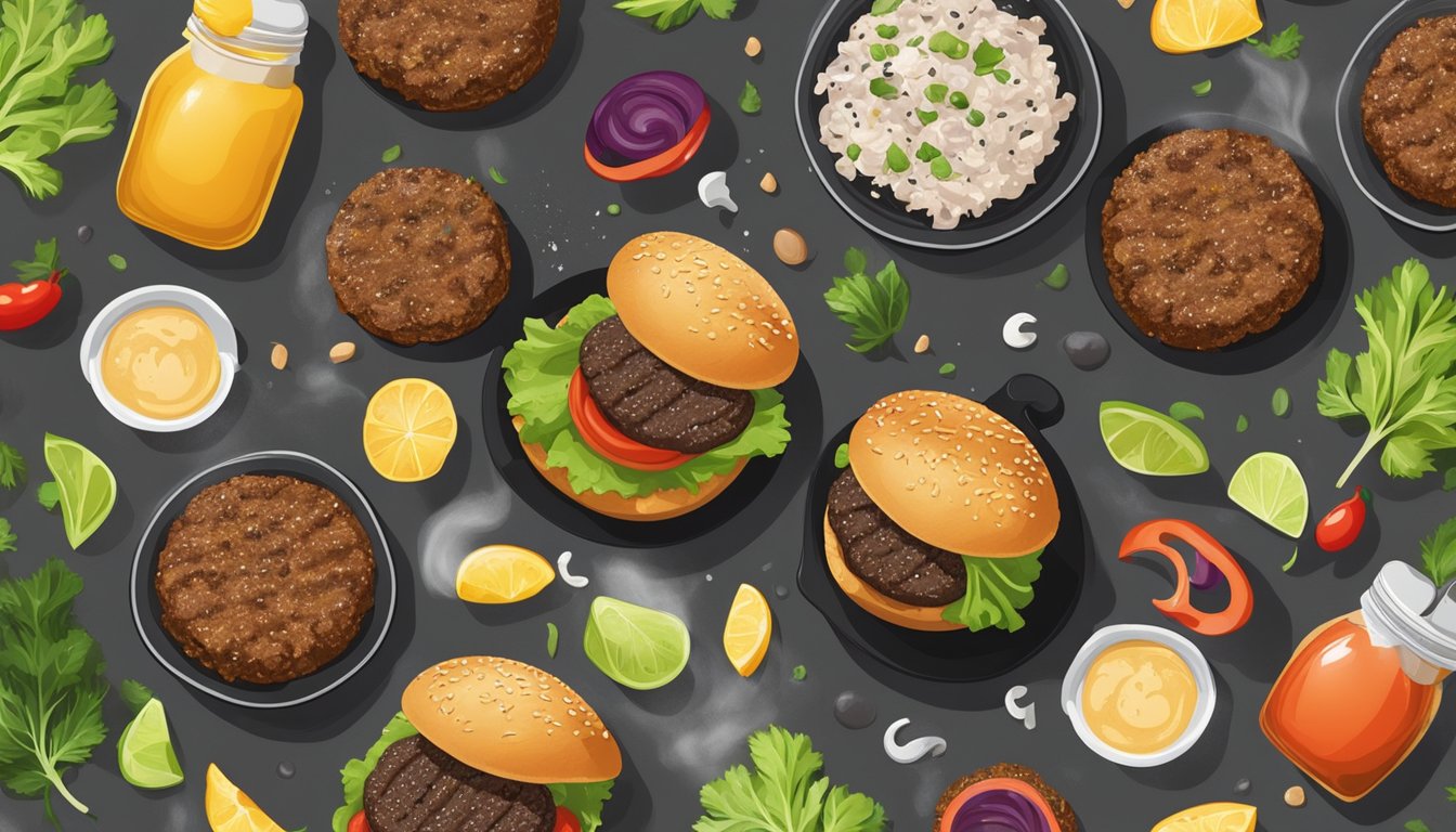 A sizzling mushroom black bean burger on a grill, surrounded by fresh ingredients and condiments, with steam rising from the patty