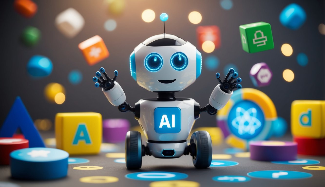Un robot giocoso che utilizza l'IA per vincere a giochi semplici, circondato da una varietà di oggetti e simboli legati all'IA