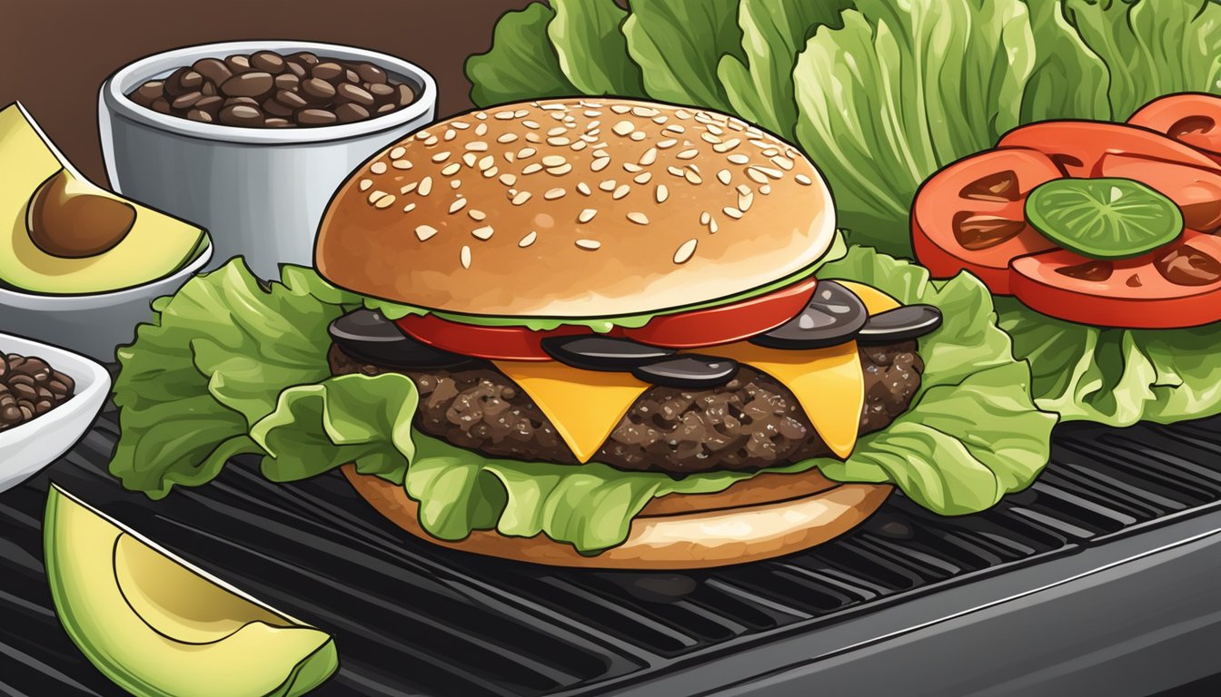 A sizzling mushroom black bean burger on a grill, surrounded by fresh lettuce, tomato, and avocado