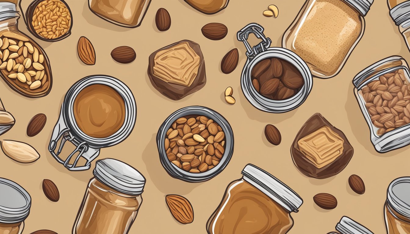 A jar of peanut butter and a jar of almond butter placed side by side, with a variety of nuts and seeds scattered around them