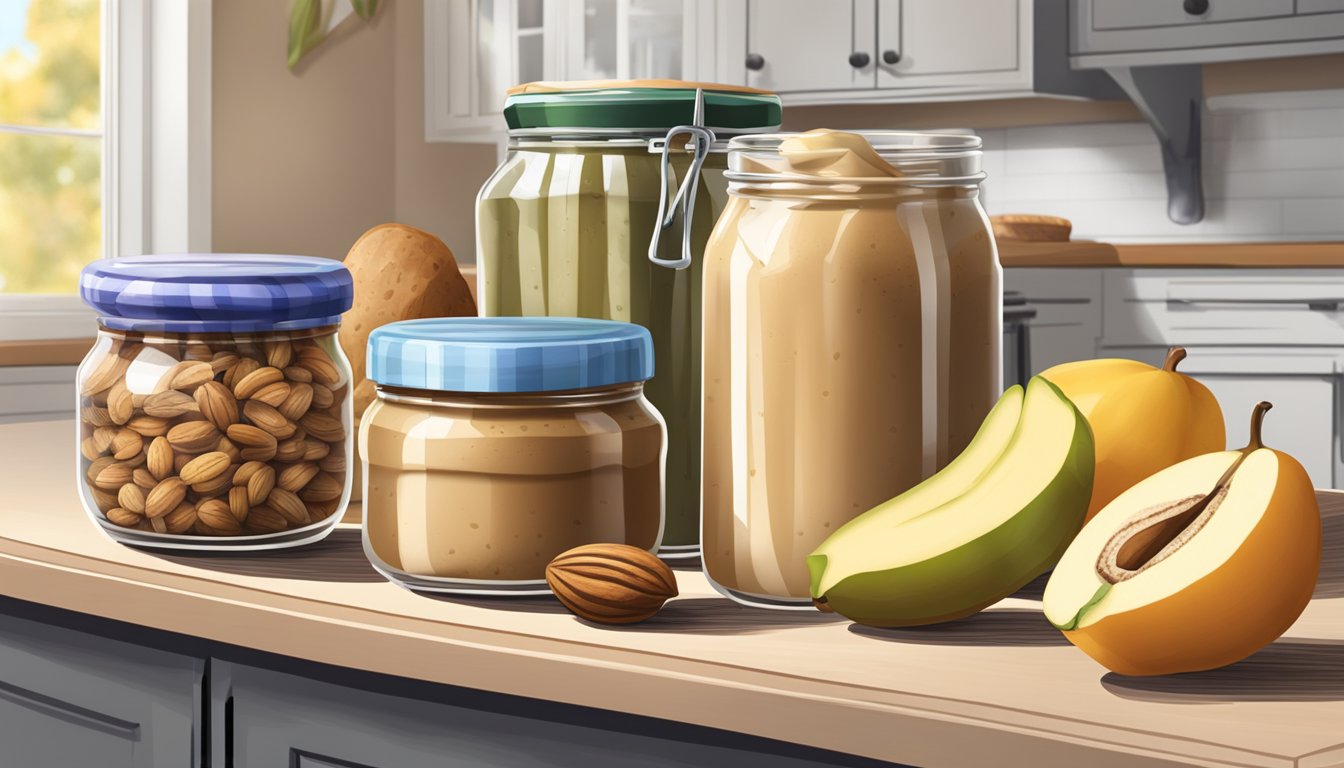 A kitchen counter displays two open jars of nut butter with various fruits and bread slices around them