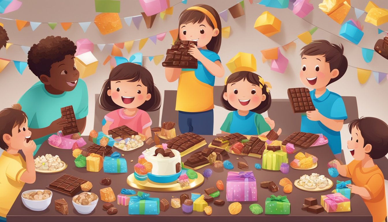 A group of children happily eating chocolate treats, surrounded by colorful packaging and a variety of chocolate products displayed on a table