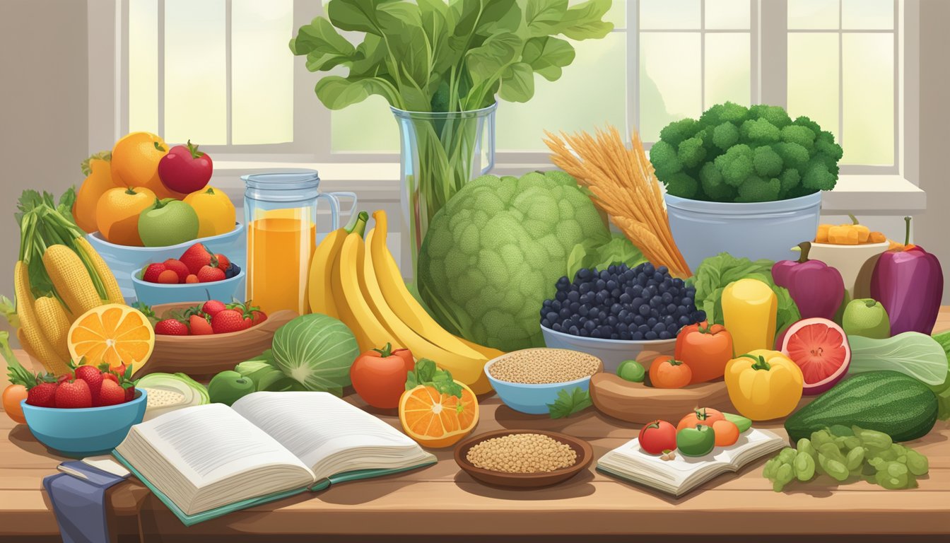 A table filled with fresh fruits, vegetables, and whole grains, surrounded by a variety of kidney-friendly cookbooks and educational materials