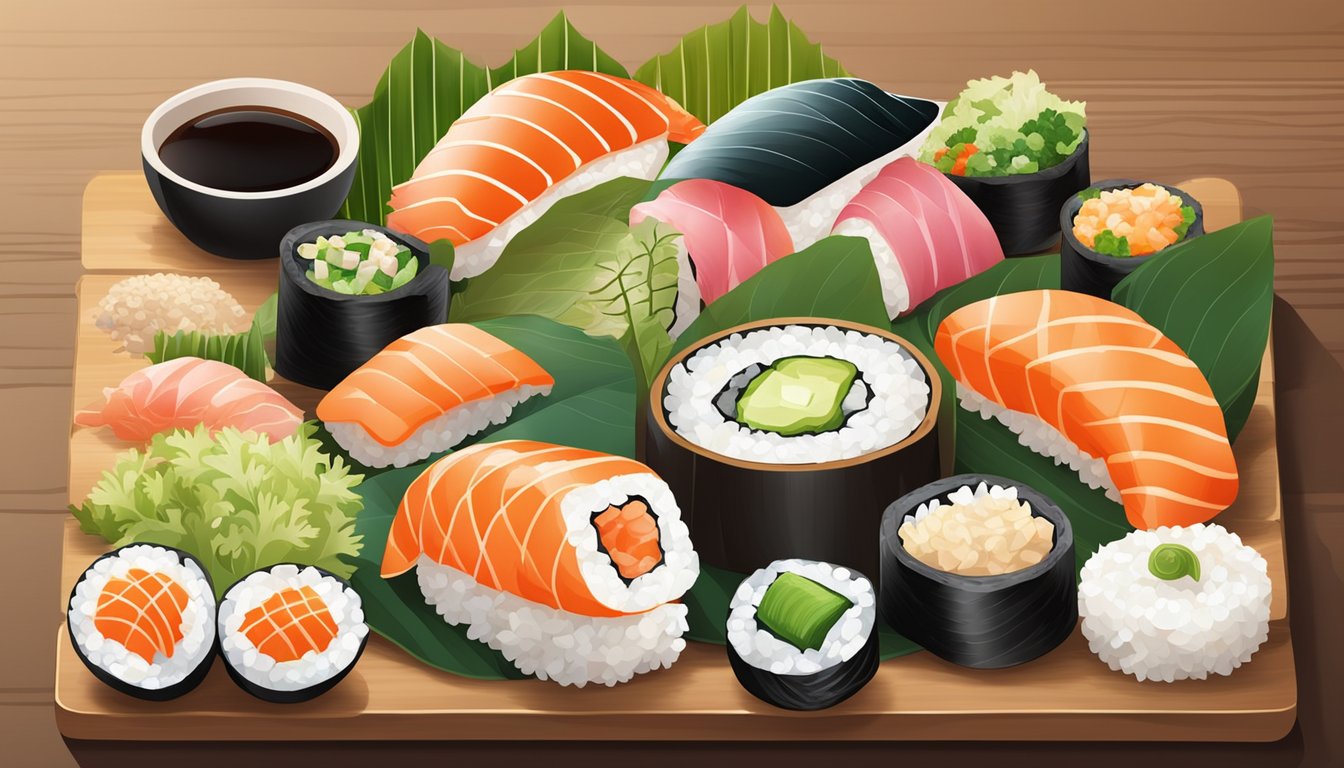 A colorful sushi spread with various ingredients like rice, seaweed, fresh fish, and vegetables arranged on a clean, wooden sushi board