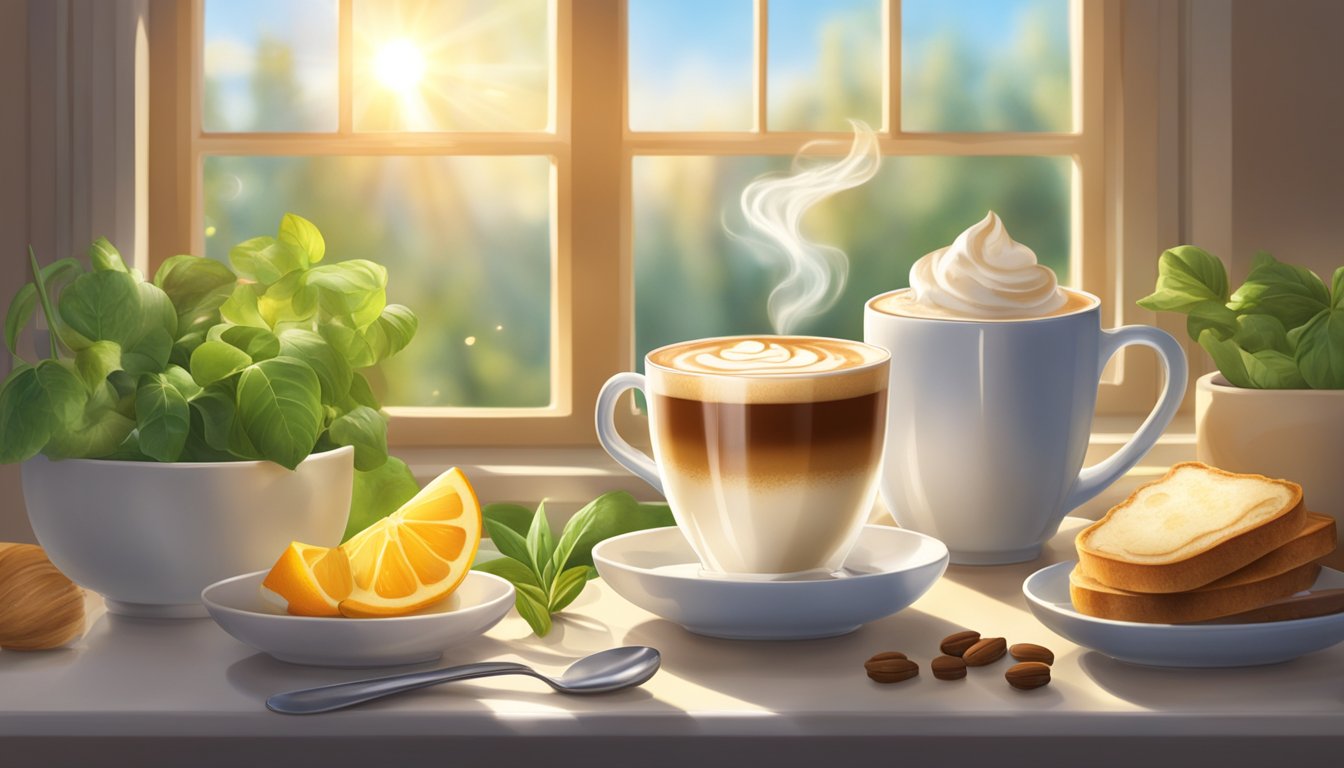 A steaming cup of morning tea latte surrounded by fresh ingredients and sunlight streaming through a window