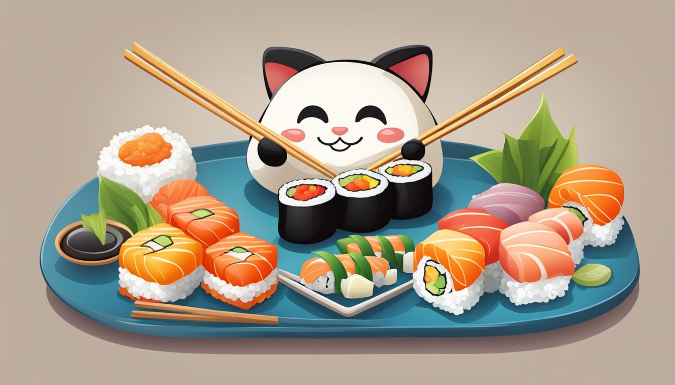 A colorful and inviting sushi platter surrounded by child-friendly chopsticks and a happy, smiling sushi mascot