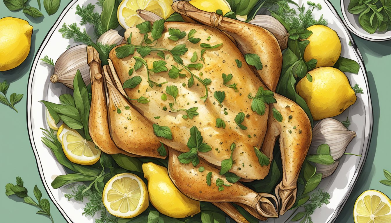 A platter of lemon garlic roast chicken surrounded by fresh herbs and sliced lemons