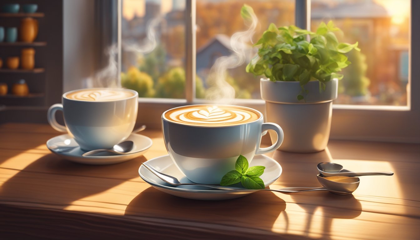 A steaming cup of tea latte sits on a wooden table, surrounded by fresh ingredients and a whisk. The morning light filters through the window, casting a warm glow on the scene