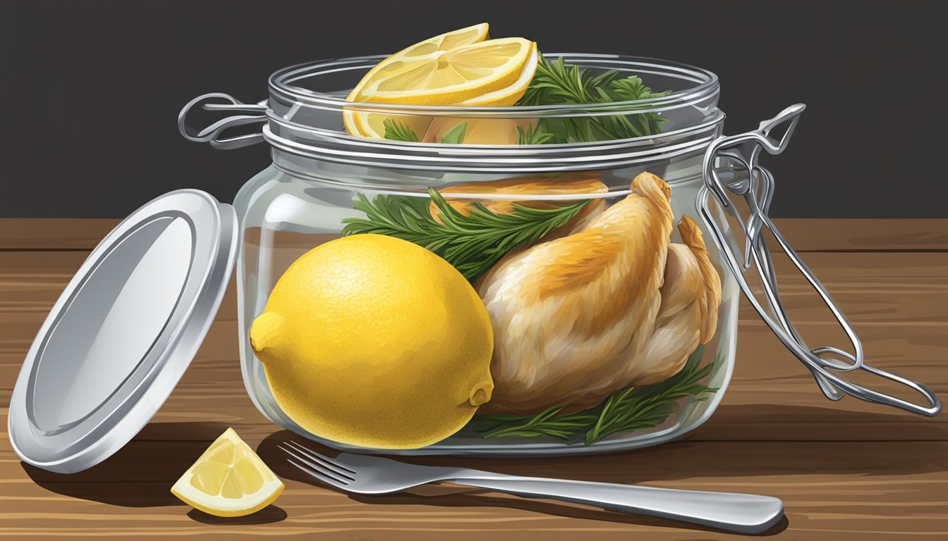 A clear glass container holds leftover lemon garlic roast chicken, sealed with a lid. A fork rests beside it on a wooden table