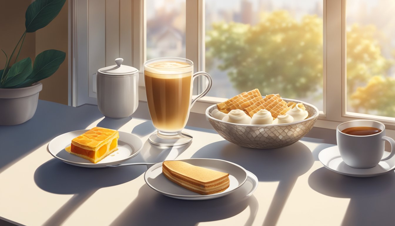 A steaming cup of tea latte sits next to a spread of breakfast foods, with the morning sun streaming in through a window