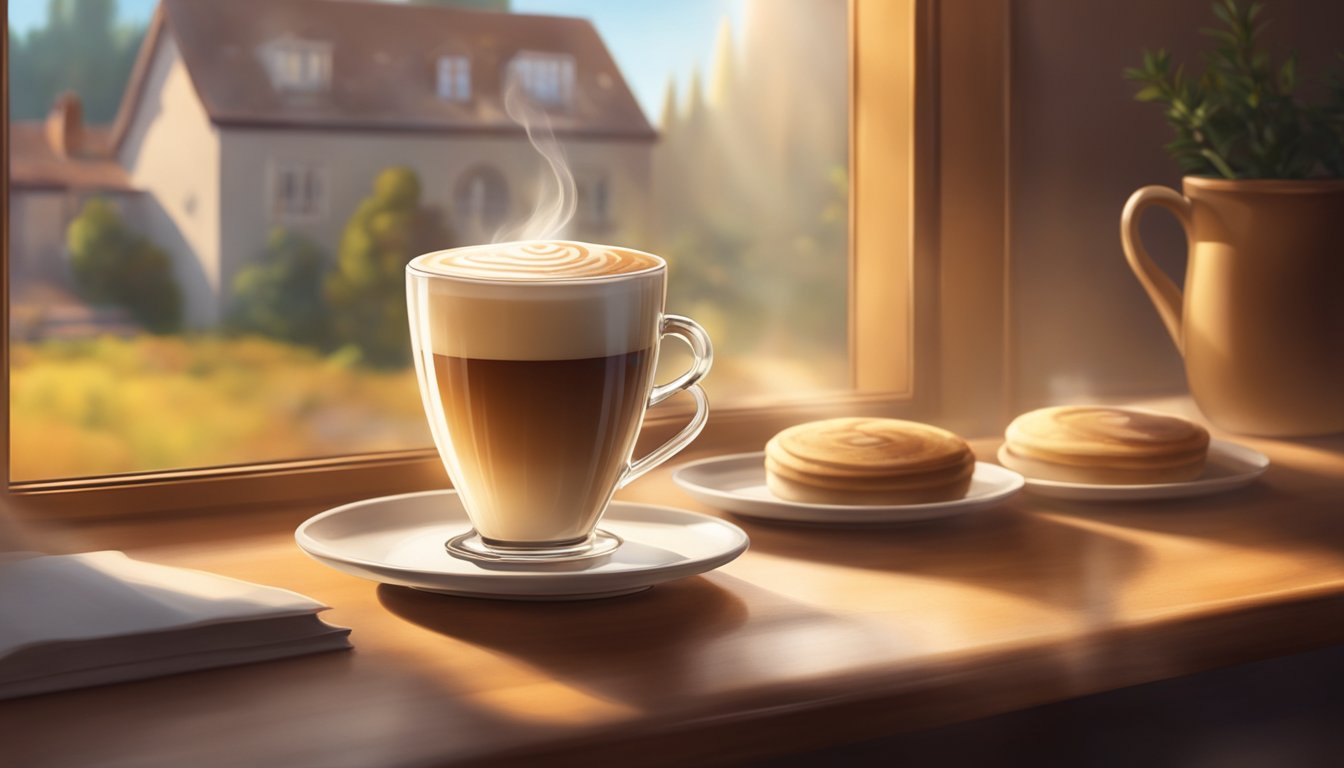 A steaming tea latte sits on a table, surrounded by a warm, cozy atmosphere. Sunlight streams in through a window, casting a soft glow on the scene