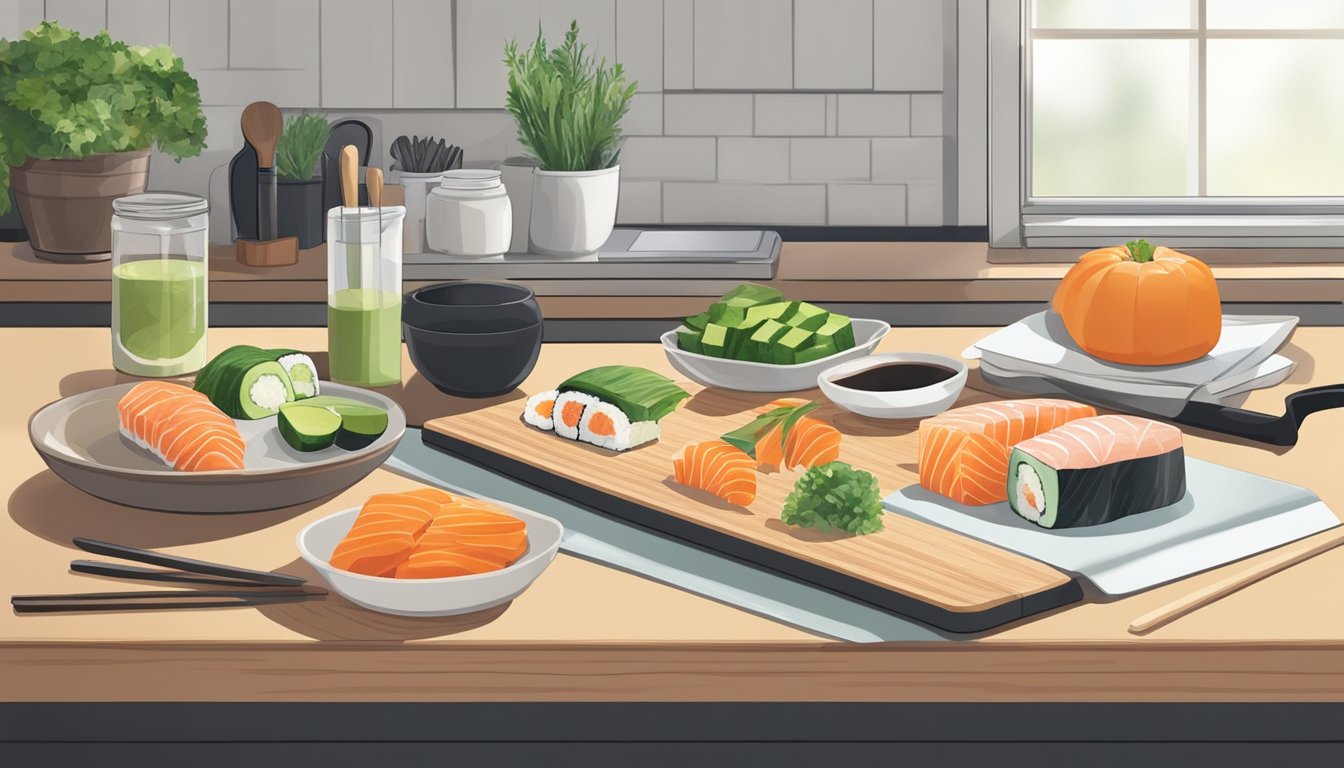 A clean, organized kitchen counter with fresh ingredients, a cutting board, and sushi-making tools