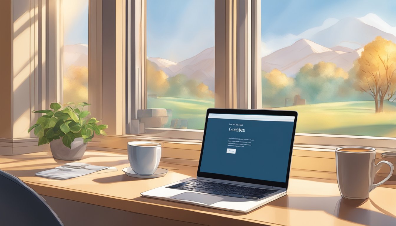 A steaming tea latte sits next to a computer screen displaying "Understanding Cookies Policies." The morning light filters through the window, casting a warm glow on the scene