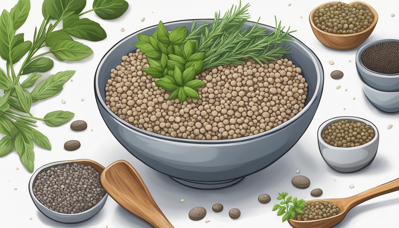 A bowl of buckwheat rosemary chia crackers surrounded by fresh herbs and seeds