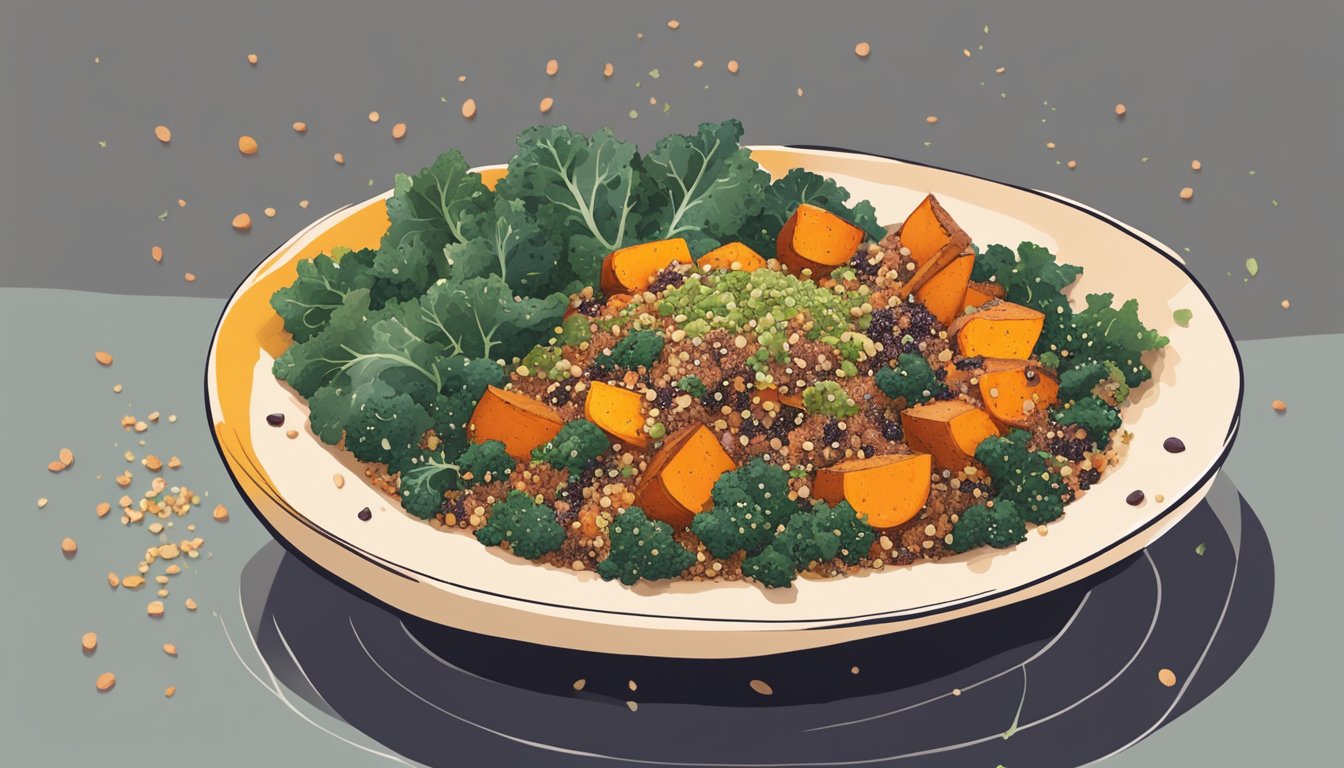 A colorful bowl filled with layers of cooked quinoa, roasted sweet potatoes, and sautéed kale, topped with a sprinkle of seeds and a drizzle of dressing