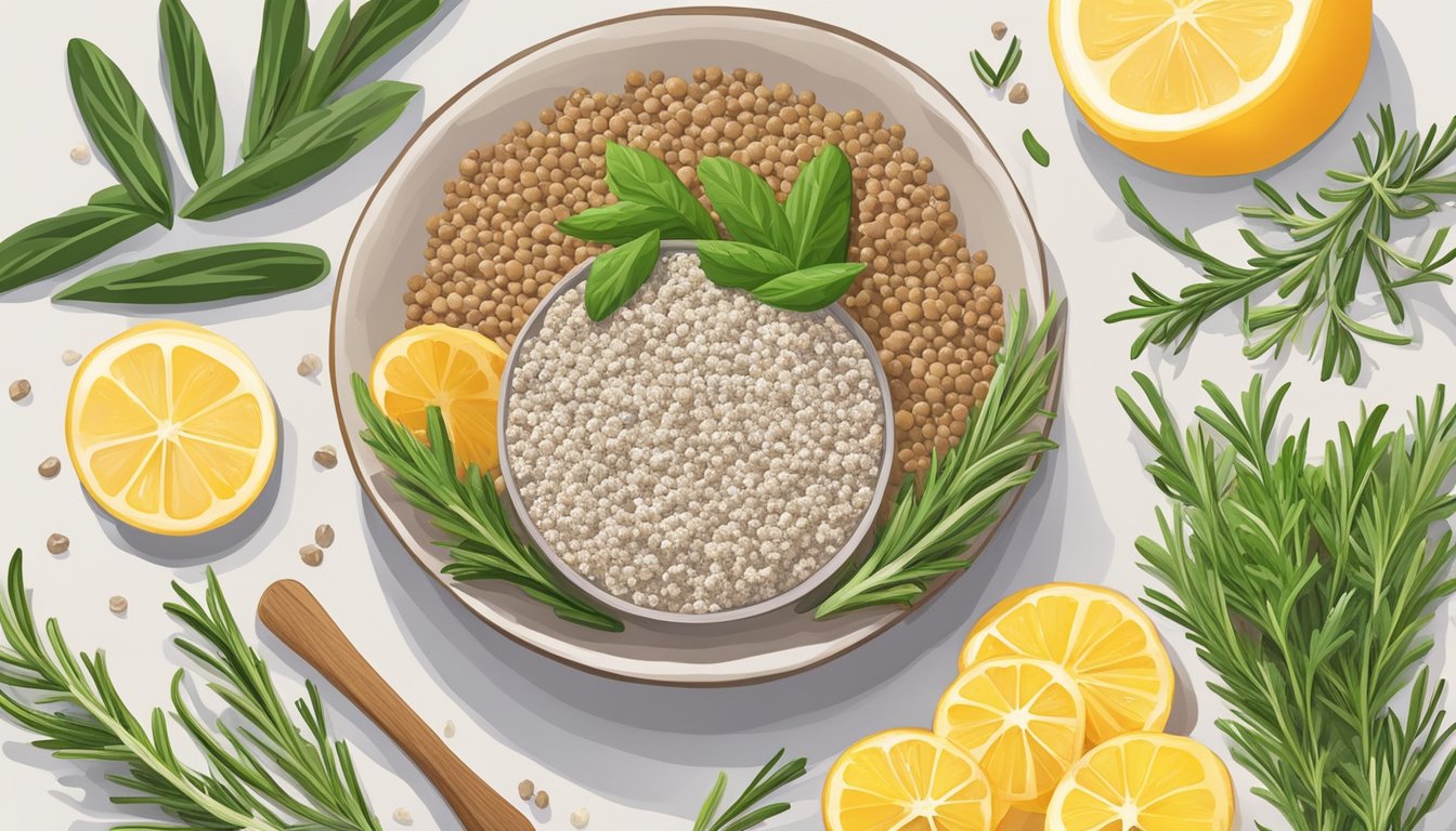 A bowl of rosemary buckwheat chia crackers surrounded by fresh ingredients, evoking a sense of health and wellness