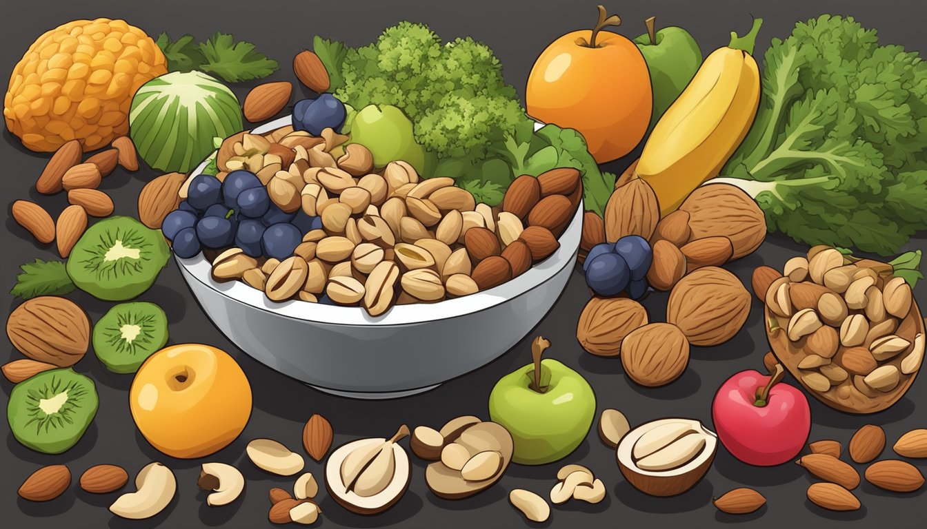 A bowl of mixed nuts surrounded by various fruits and vegetables, with a measuring cup filled with nuts on the side