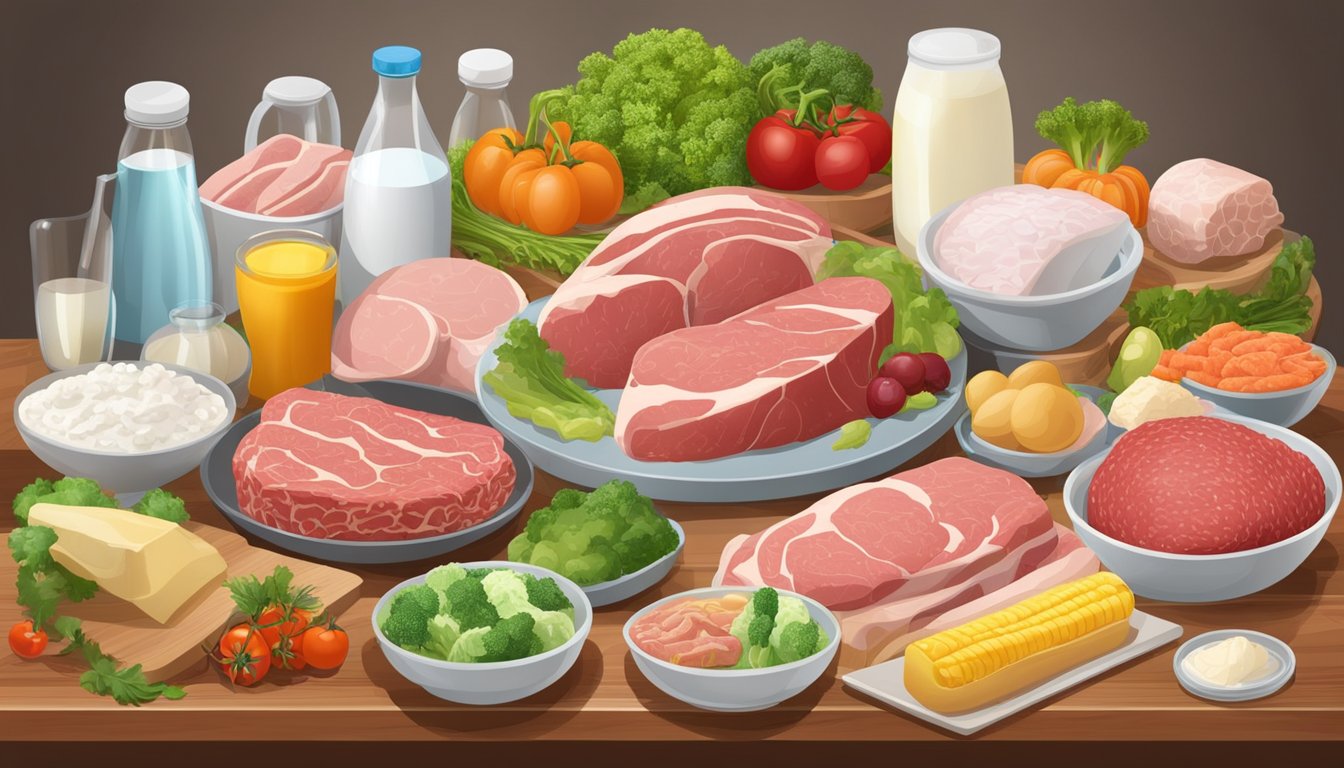 A table with various food items, such as raw meat, vegetables, and dairy products, surrounded by common pathogens like salmonella and E. coli