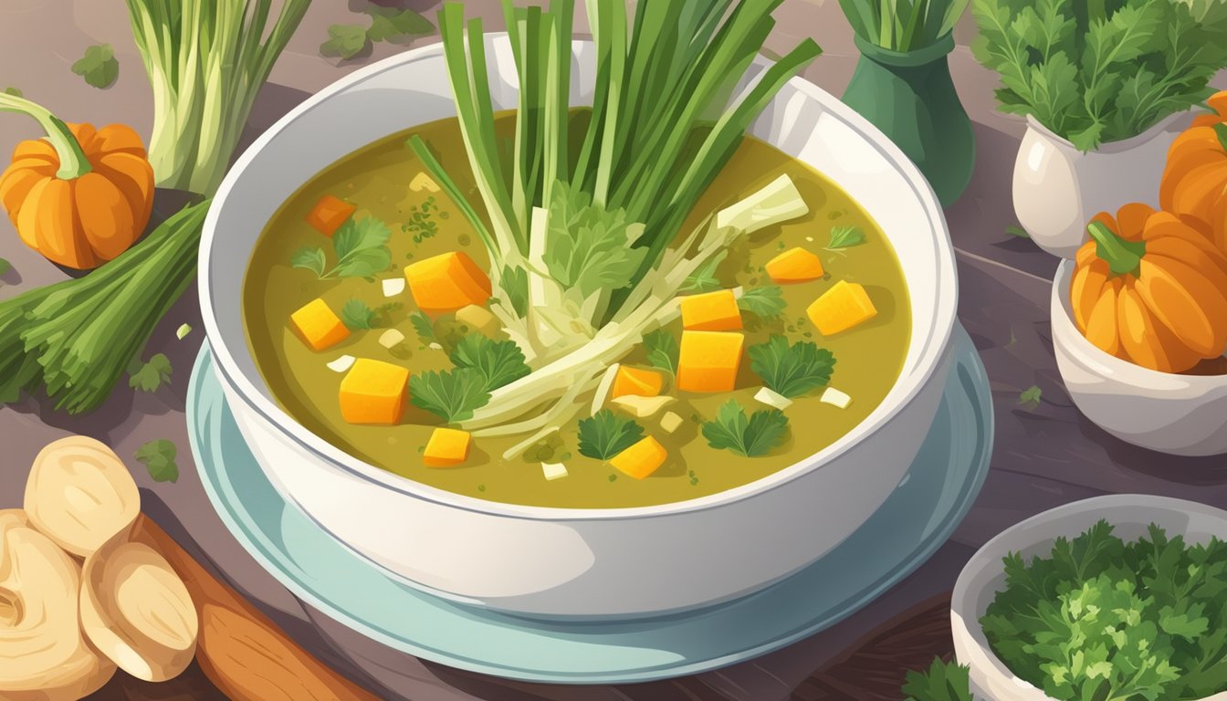 A steaming bowl of leek squash soup surrounded by colorful vegetables and herbs, evoking warmth and comfort on a cold day