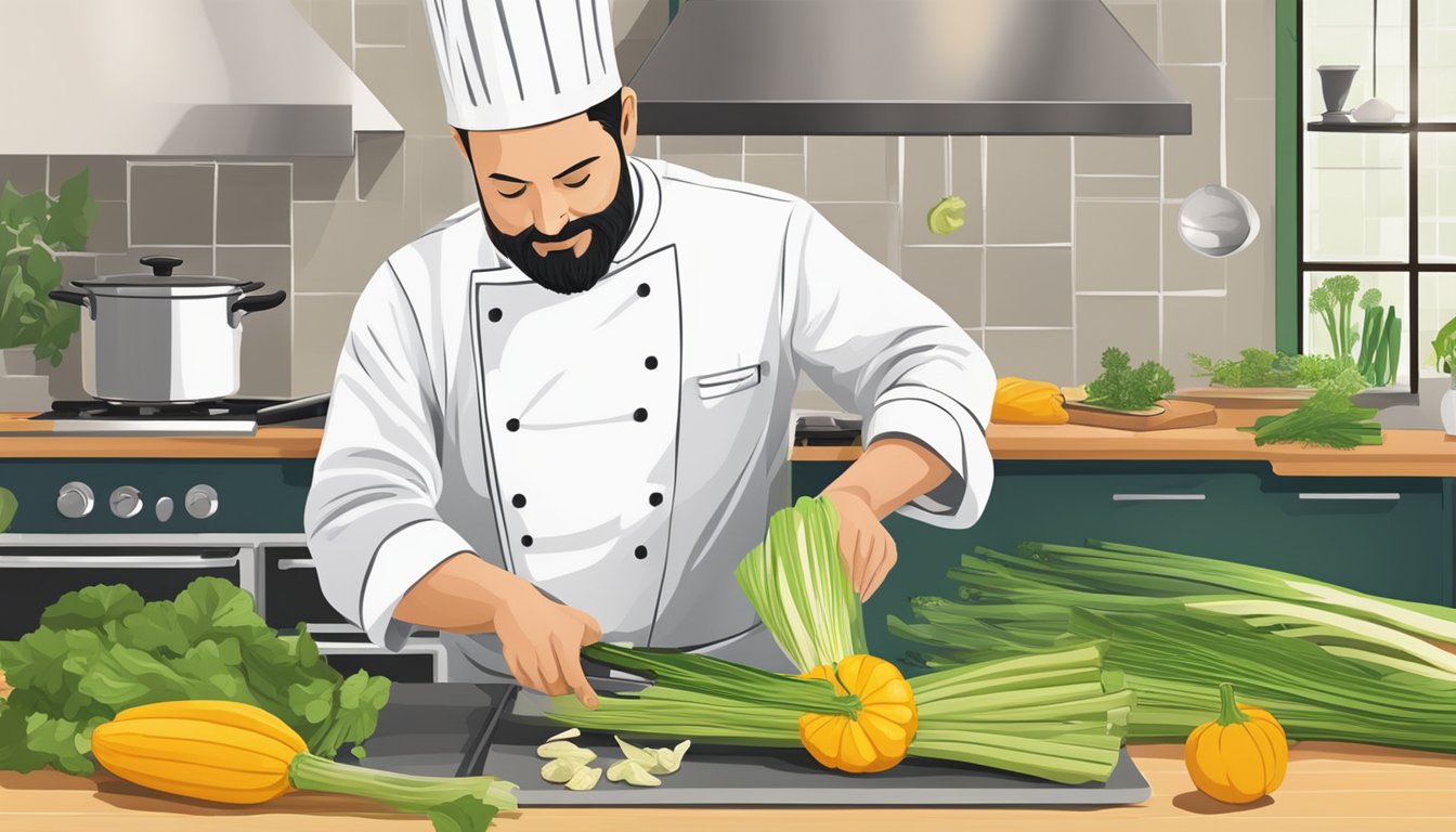 A chef slicing leeks and squash, simmering in a pot with aromatic herbs and spices