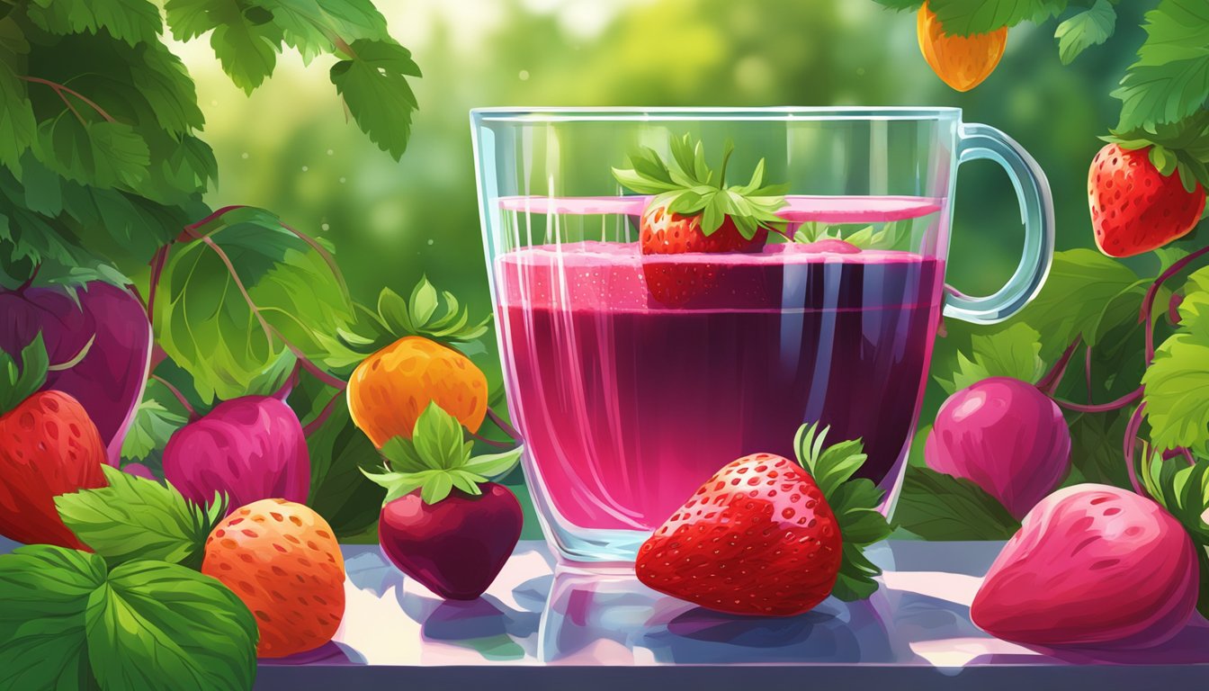 A vibrant scene of ripe strawberries and beets being juiced, with the fresh, colorful liquid pouring into a glass, surrounded by lush greenery