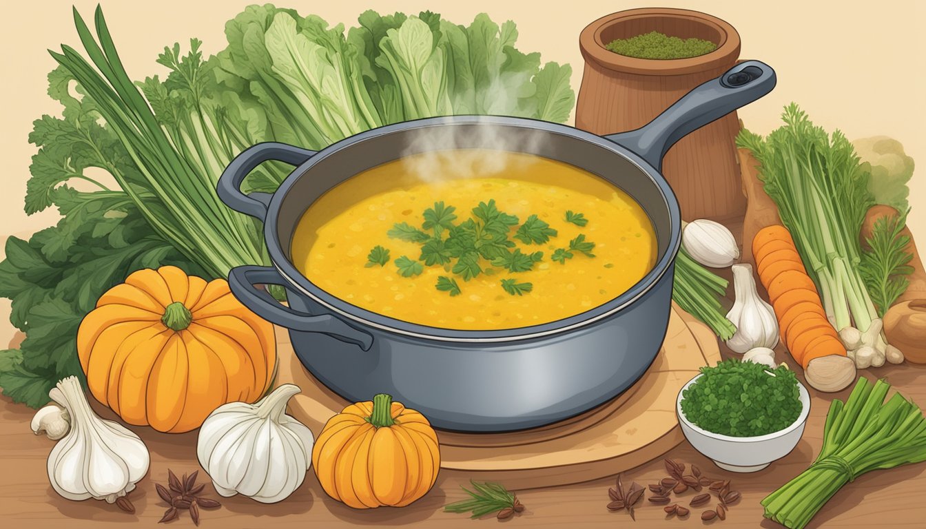 A steaming pot of leek and squash soup simmering on a stovetop, surrounded by fresh herbs, vegetables, and colorful spices