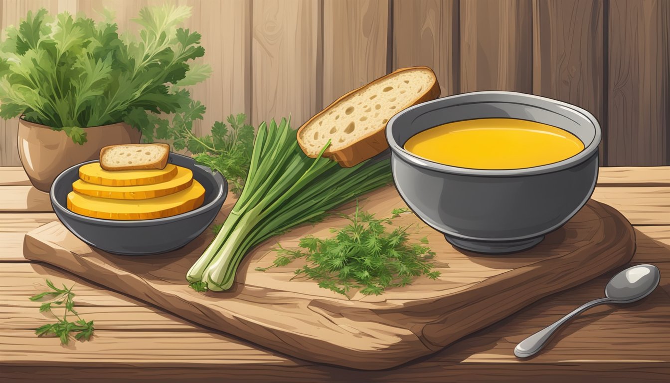 A steaming bowl of leek squash soup surrounded by fresh herbs and a slice of crusty bread on a rustic wooden table