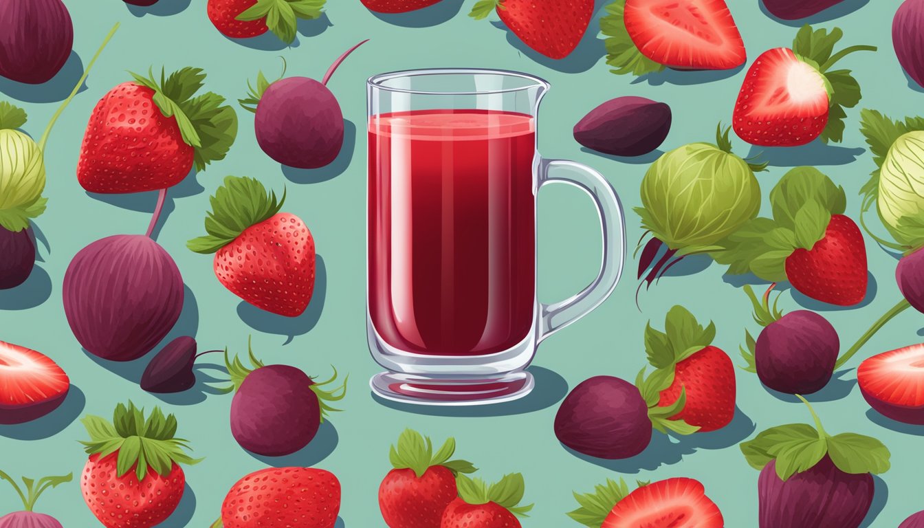 A glass filled with vibrant red strawberry beet detox juice surrounded by fresh strawberries and beets, exuding a sense of natural rejuvenation and health benefits