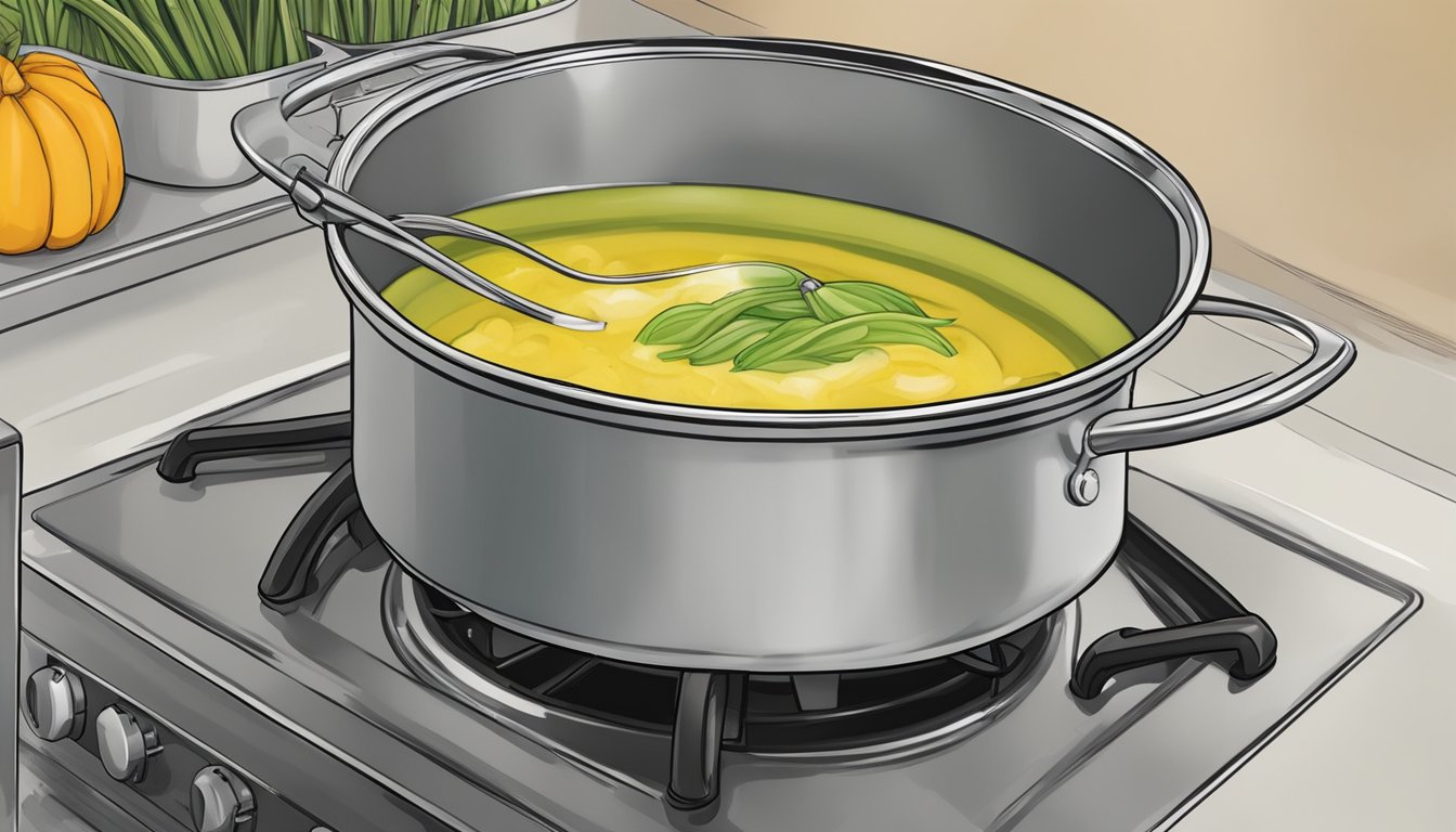 A pot of leek squash soup simmers on a stovetop. Steam rises as a ladle hovers over the pot, ready to serve