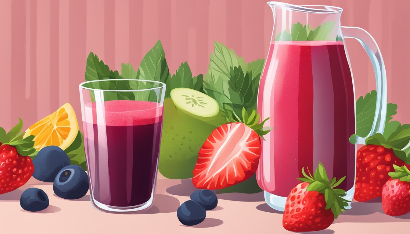 A vibrant red strawberry and beet detox juice being poured into a tall glass, surrounded by fresh fruits and vegetables