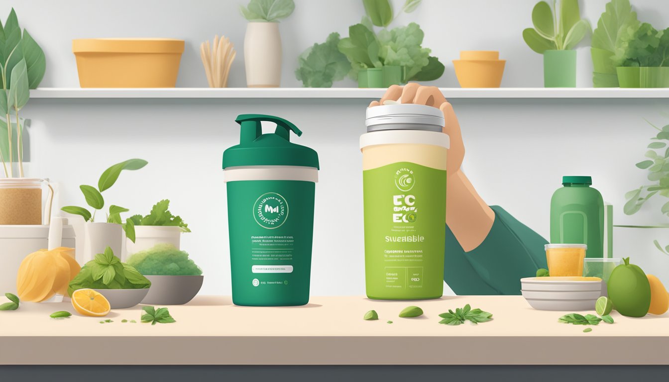 A person on-the-go mixing sustainable, ethical protein powders in a reusable shaker bottle with a background of eco-friendly packaging and natural ingredients