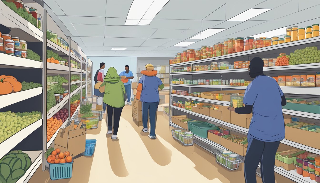 A bustling local food pantry with shelves stocked with fruits, vegetables, and canned goods. Volunteers assist community members in selecting nutritious items