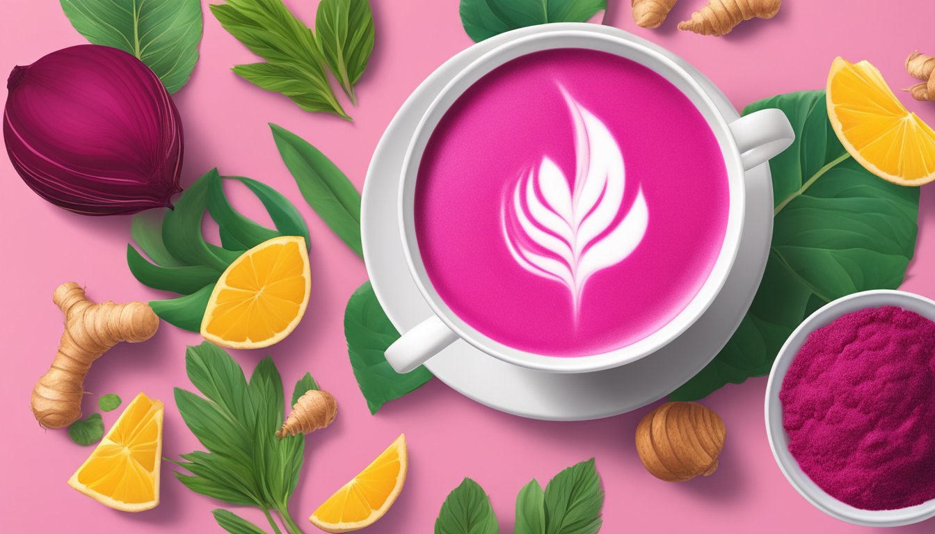 A vibrant pink latte surrounded by fresh ingredients like beetroot, turmeric, and ginger, with a backdrop of a serene wellness setting