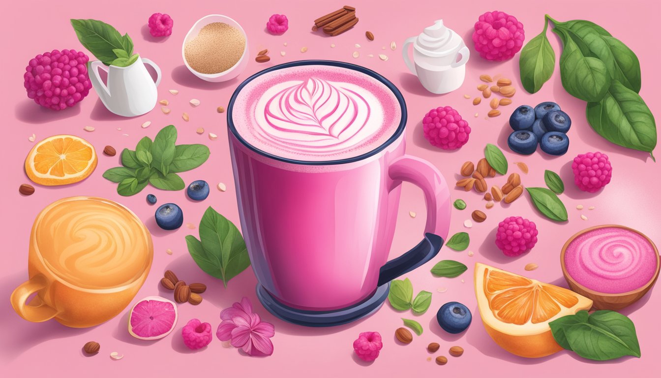 A vibrant pink latte surrounded by superfood ingredients and recipe cards, showcasing the health benefits and variations