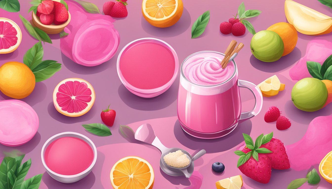 A table displays a variety of preparation tools and ingredients for making a superfood pink latte, including vibrant pink powders and fresh fruits