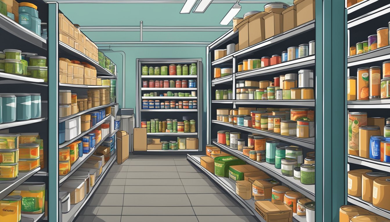 A bustling food bank with shelves stocked full of canned goods, fresh produce, and essential items for those in need