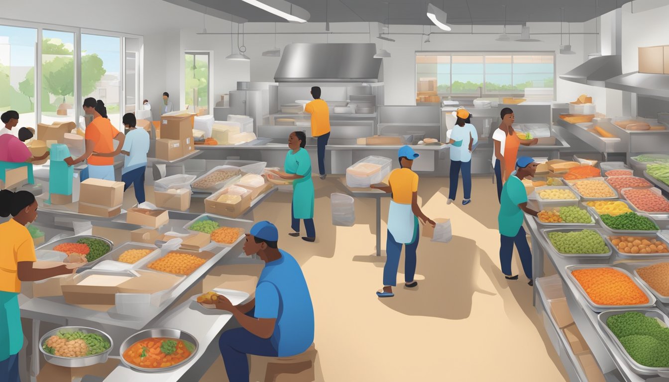 A bustling community kitchen prepares and packages meals while volunteers load delivery vehicles outside. Nearby, a colorful guide to local nutritional support programs is displayed prominently