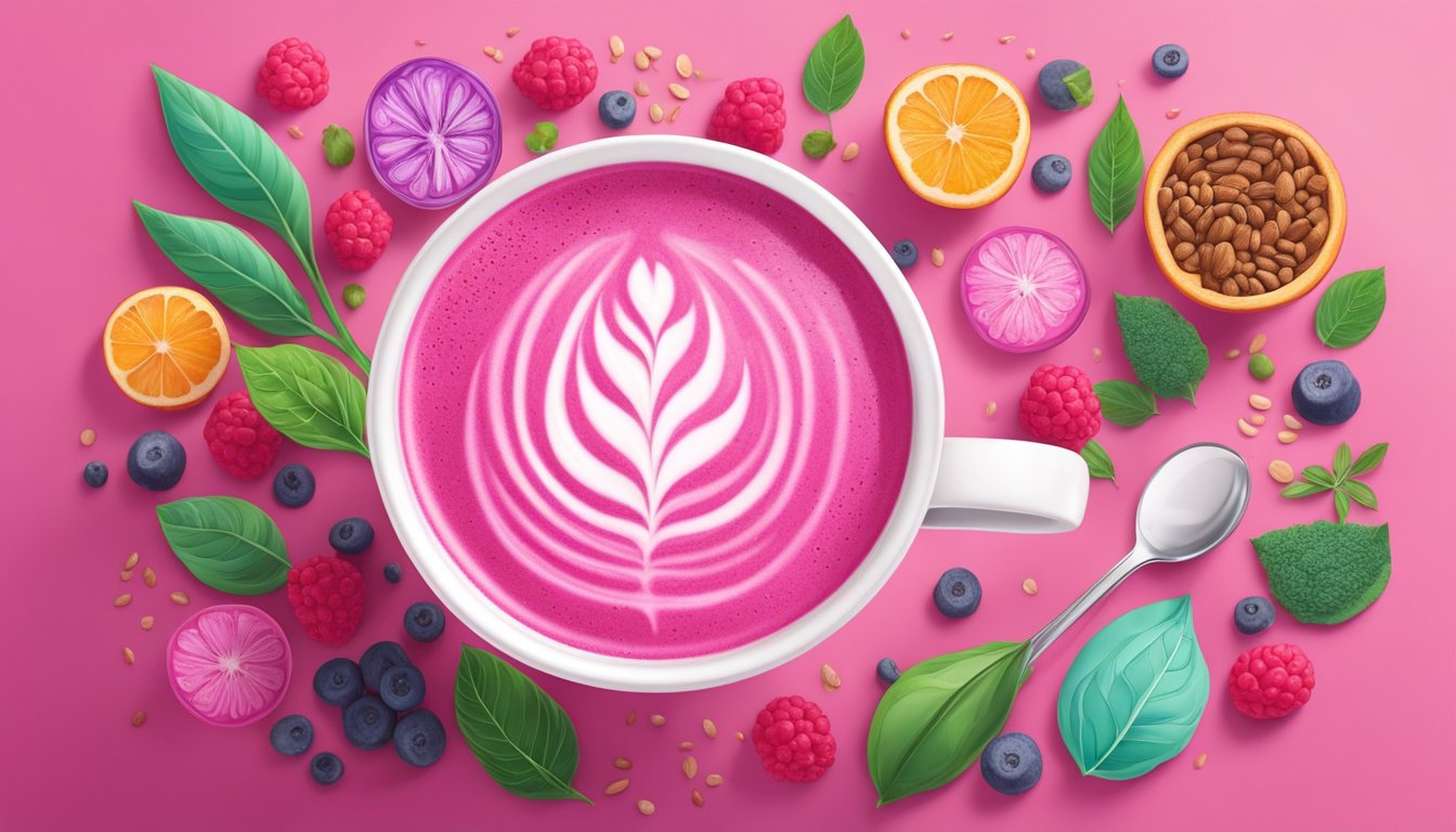 A vibrant pink latte surrounded by a variety of colorful superfood ingredients, with a backdrop of wellness and nutrition symbols